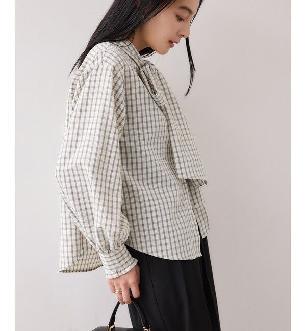 VIS「チェック＆デニムアソートボウタイリボン付きスタンドカラーシャツ」|シャツ・ブラウス|
