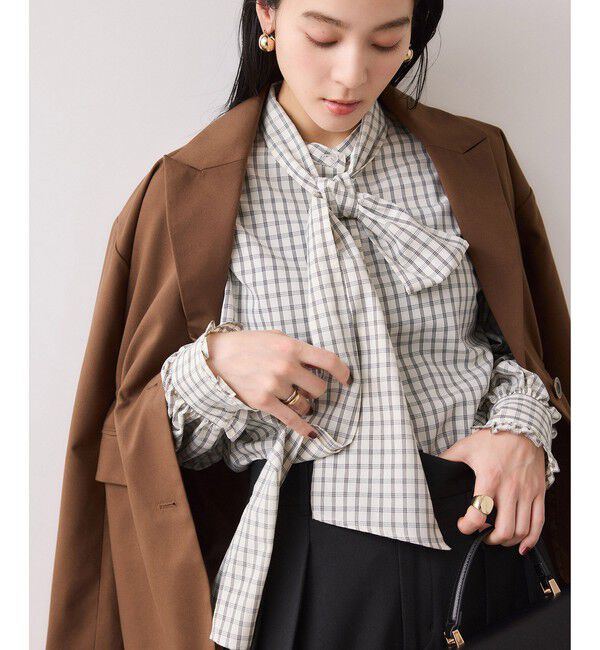 VIS「チェック＆デニムアソートボウタイリボン付きスタンドカラーシャツ」|シャツ・ブラウス|