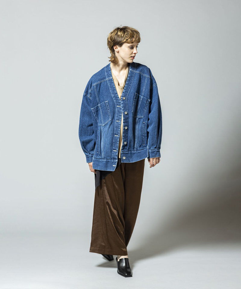  「ノーカラーデニムジャケット」|デニムジャケット|