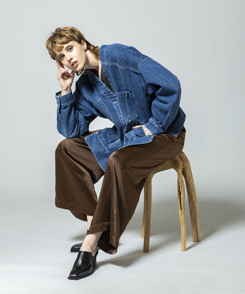  「ノーカラーデニムジャケット」|デニムジャケット|