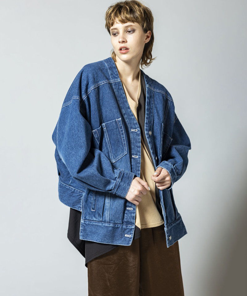  「ノーカラーデニムジャケット」|デニムジャケット|