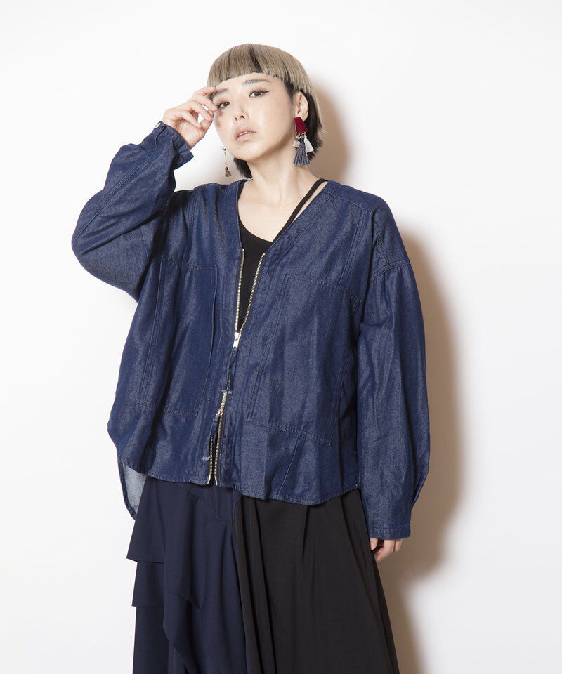  「ポケットジップデニムジャケット」|ノーカラーコート|