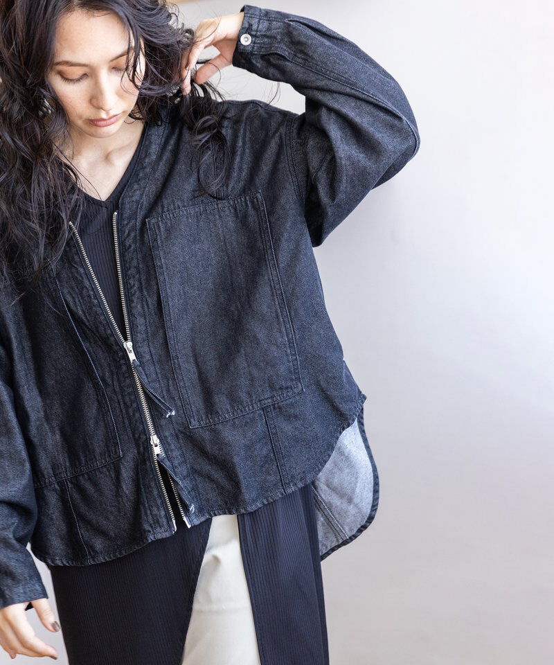  「ポケットジップデニムジャケット」|ノーカラーコート|