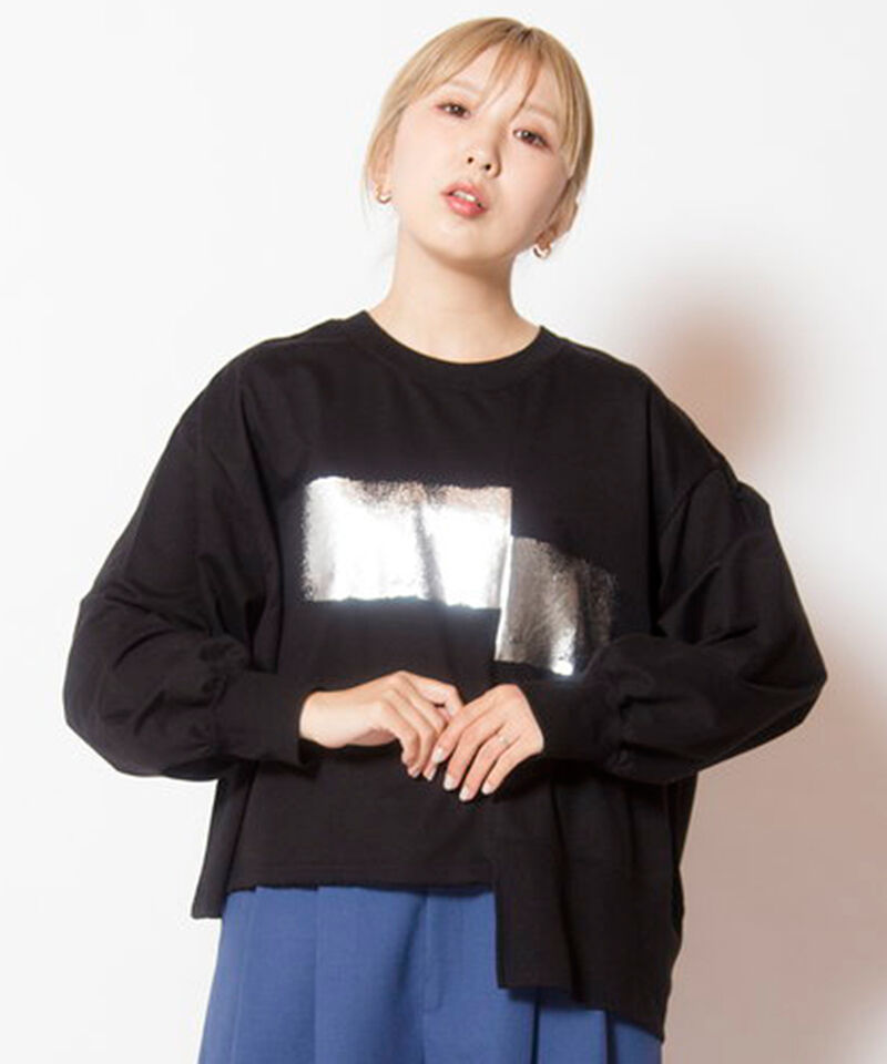  「箔プリント切替プルオーバー」|Tシャツ・カットソー|BLACK