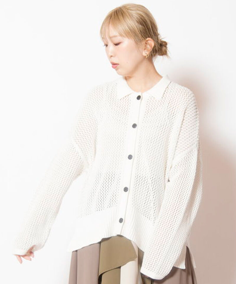  「ポロカラーメッシュニットカーディガン」|ニット・セーター|WHITE