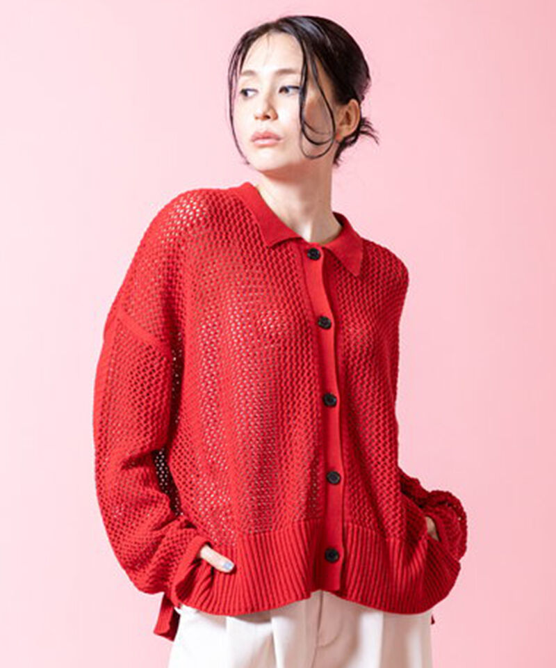  「ポロカラーメッシュニットカーディガン」|ニット・セーター|RED