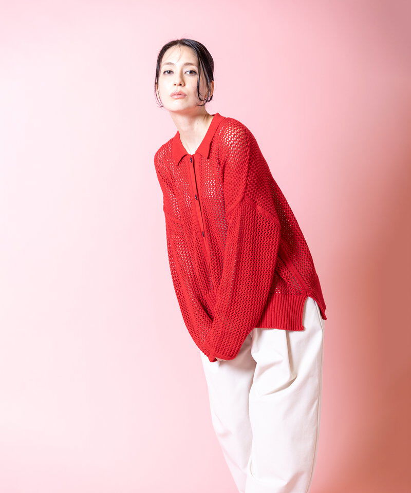  「ポロカラーメッシュニットカーディガン」|ニット・セーター|