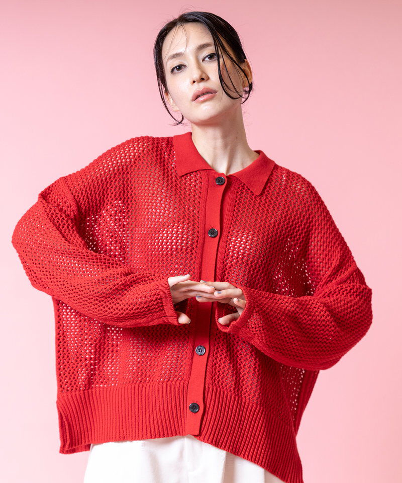  「ポロカラーメッシュニットカーディガン」|ニット・セーター|