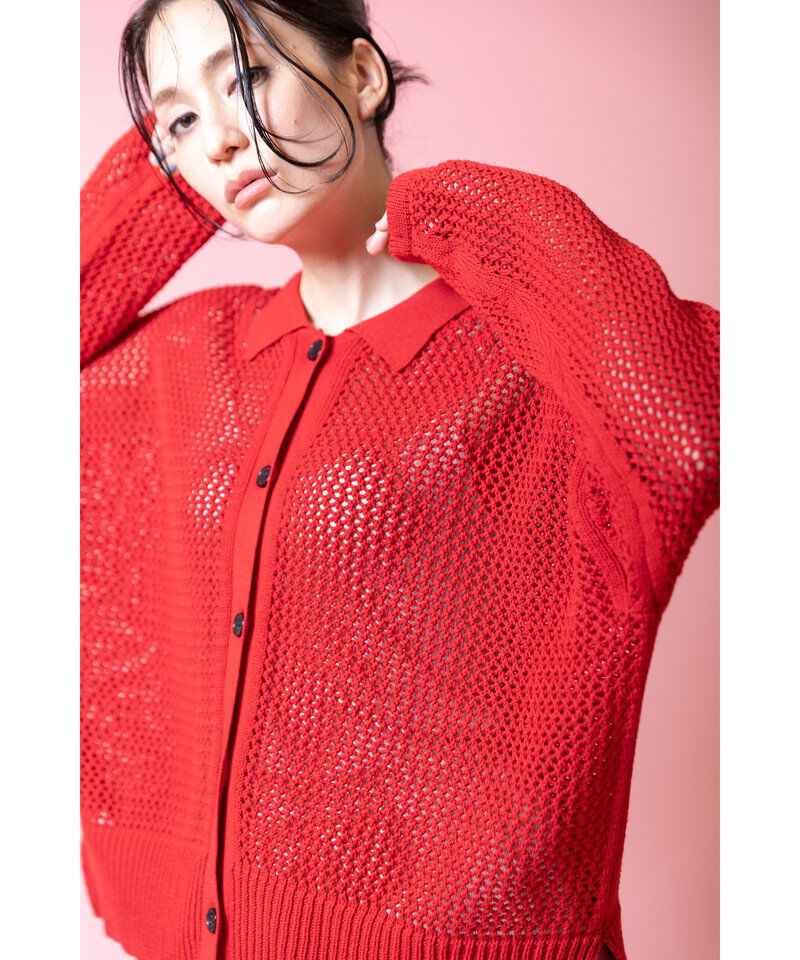  「ポロカラーメッシュニットカーディガン」|ニット・セーター|