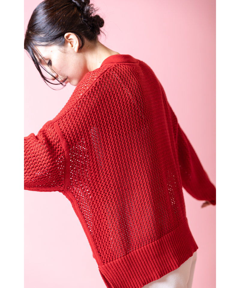  「ポロカラーメッシュニットカーディガン」|ニット・セーター|