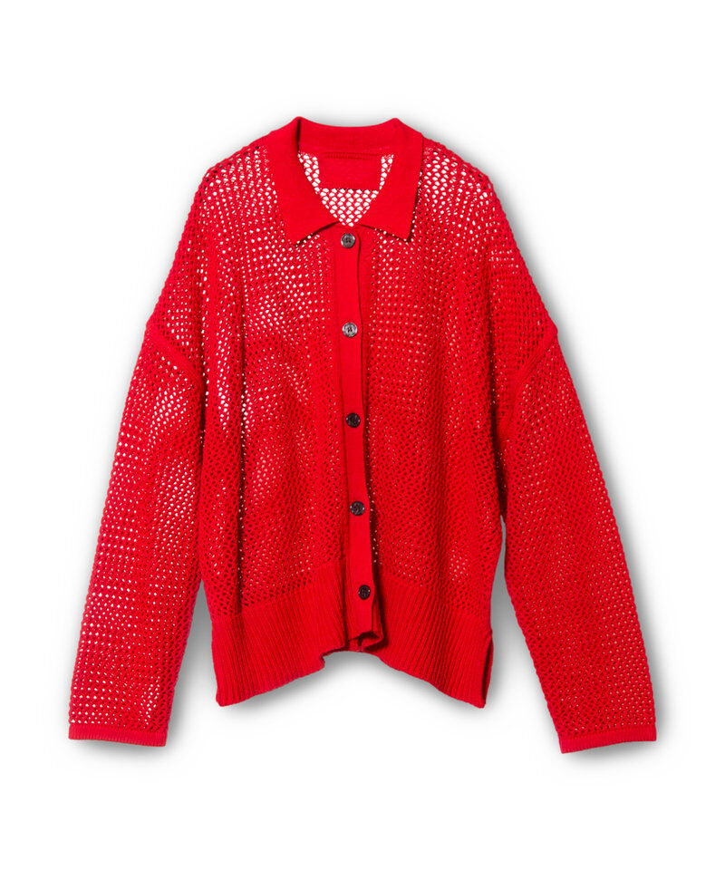  「ポロカラーメッシュニットカーディガン」|ニット・セーター|