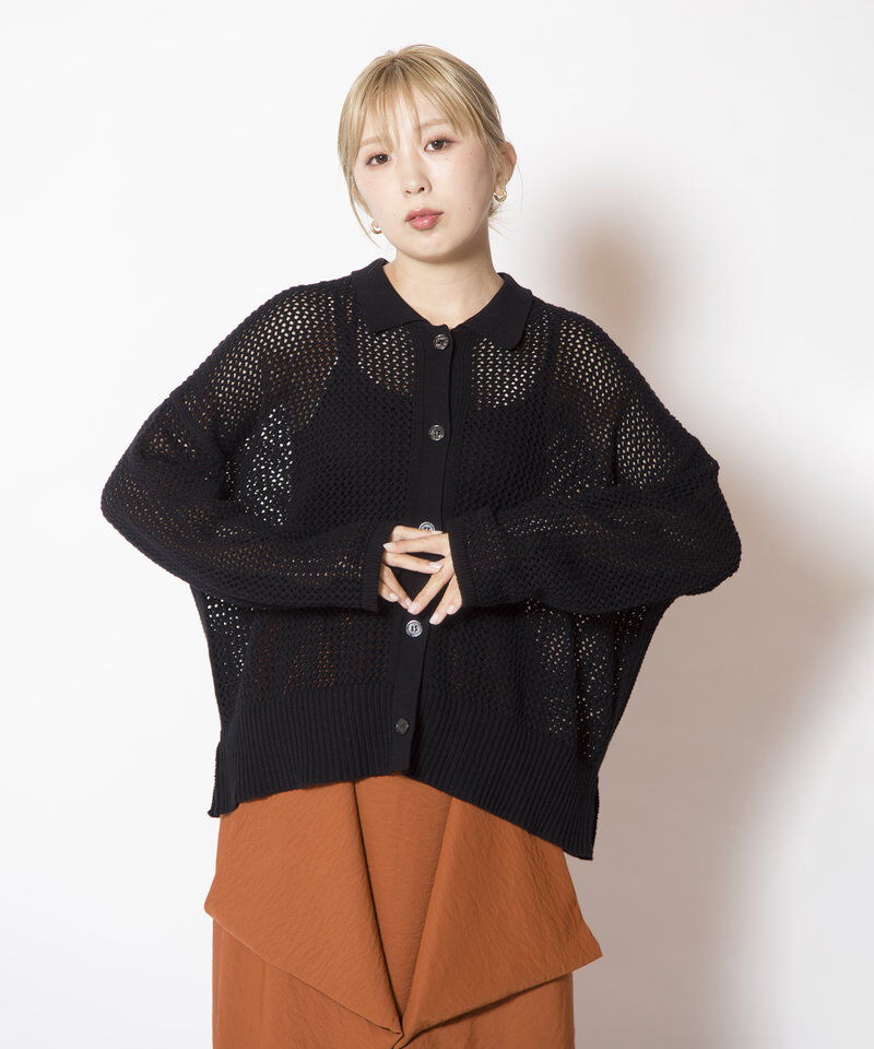  「ポロカラーメッシュニットカーディガン」|ニット・セーター|
