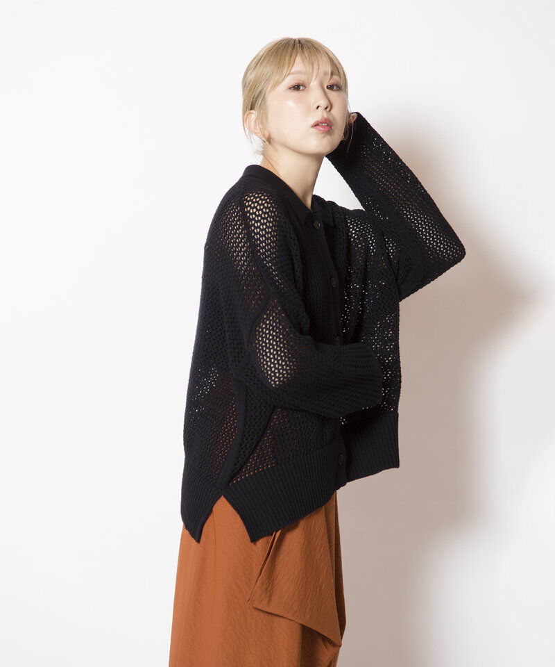  「ポロカラーメッシュニットカーディガン」|ニット・セーター|