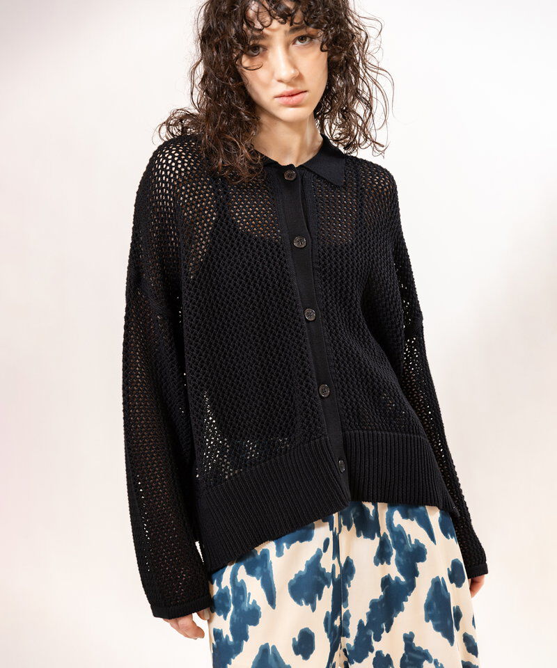  「ポロカラーメッシュニットカーディガン」|ニット・セーター|