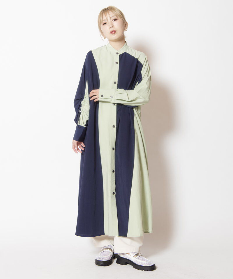  「バイカラーギャザースリーブワンピース」|ワンピース|