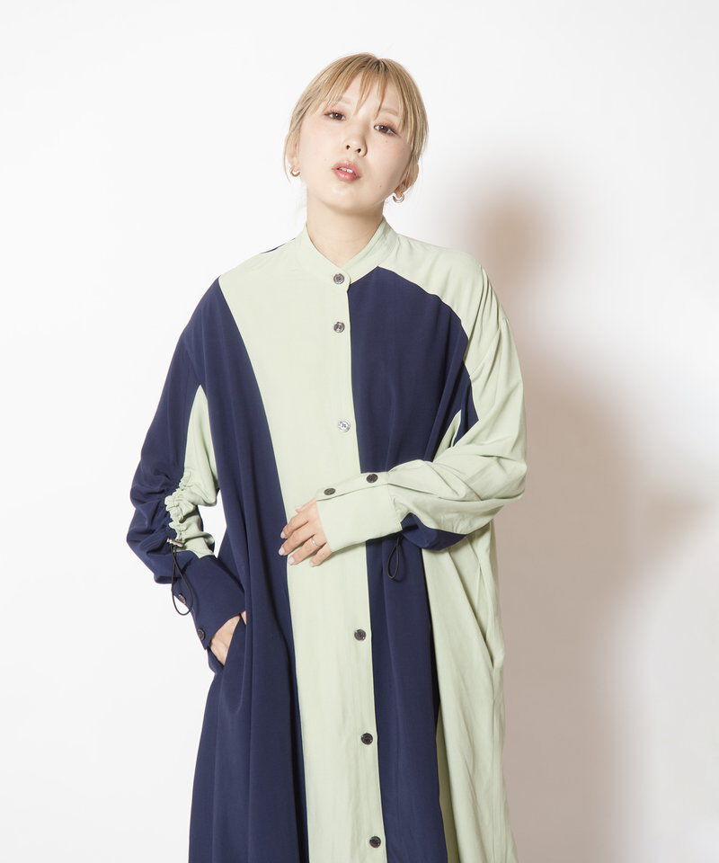  「バイカラーギャザースリーブワンピース」|ワンピース|