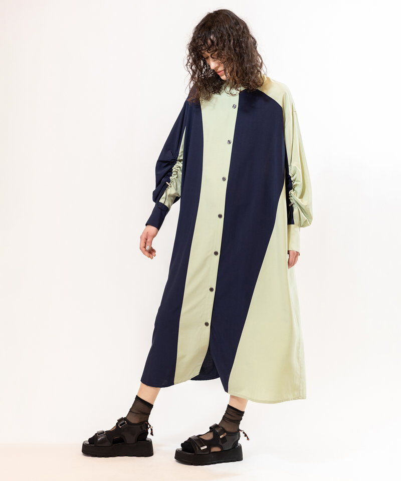  「バイカラーギャザースリーブワンピース」|ワンピース|