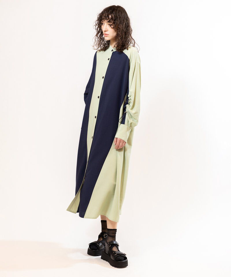  「バイカラーギャザースリーブワンピース」|ワンピース|