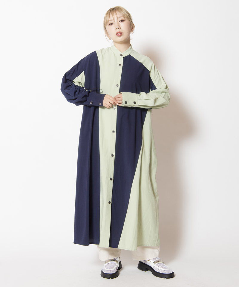  「バイカラーギャザースリーブワンピース」|ワンピース|