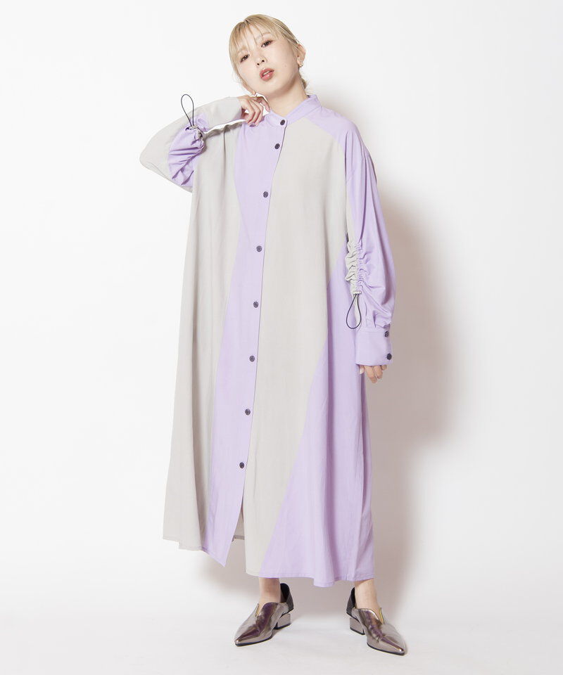  「バイカラーギャザースリーブワンピース」|ワンピース|