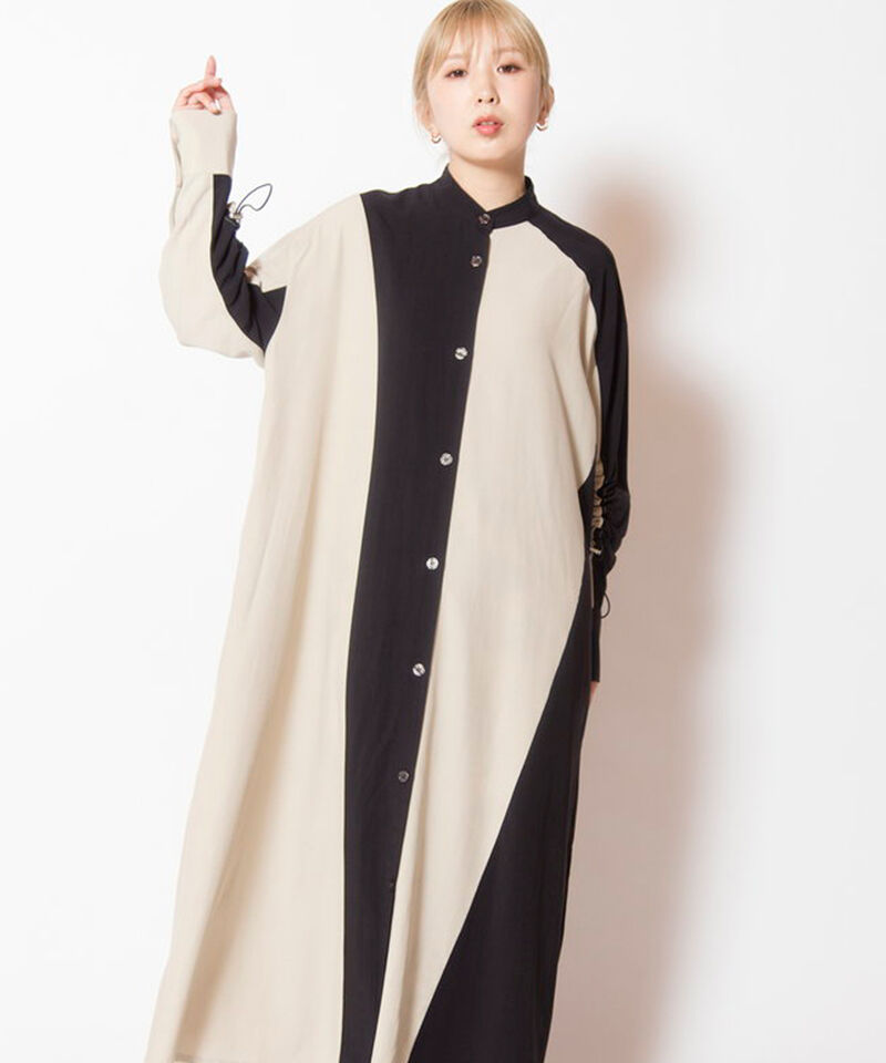  「バイカラーギャザースリーブワンピース」|ワンピース|BLACK