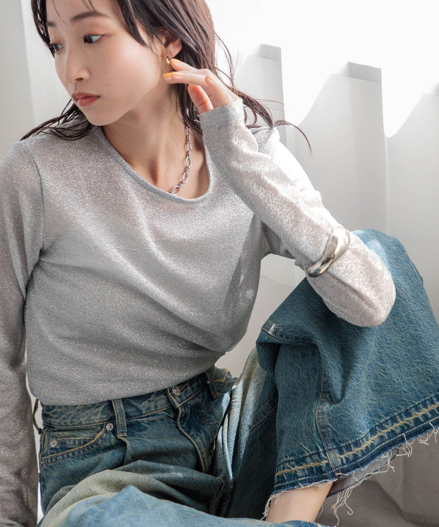 LOWRYS FARM「ラメクルーロングスリーブ」|Tシャツ・カットソー|