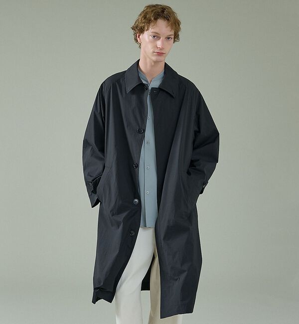 ABAHOUSE「クリスピーナイロン バルカラーコート / オーバーサイズ / 軽量 ストレッチ」|ステンカラーコート|ブラック