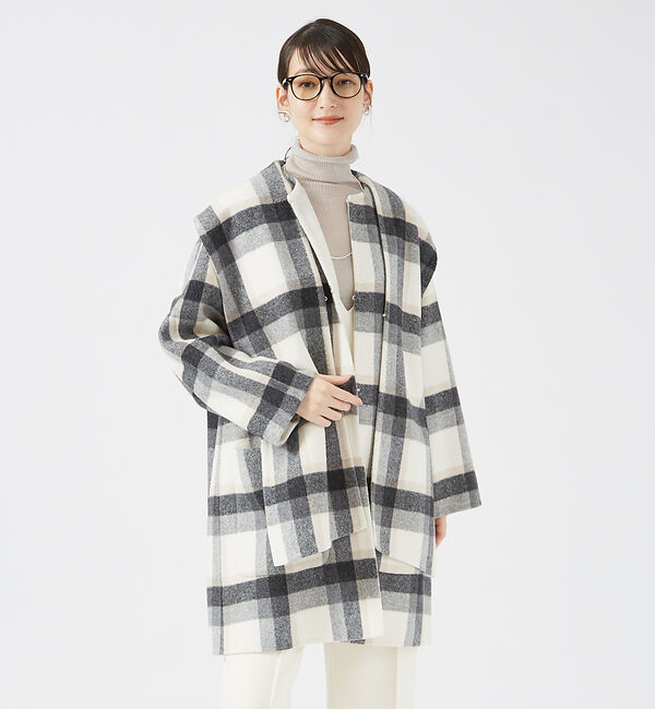 qualite「チェックダブルフェイスストールコート」|ノーカラーコート|