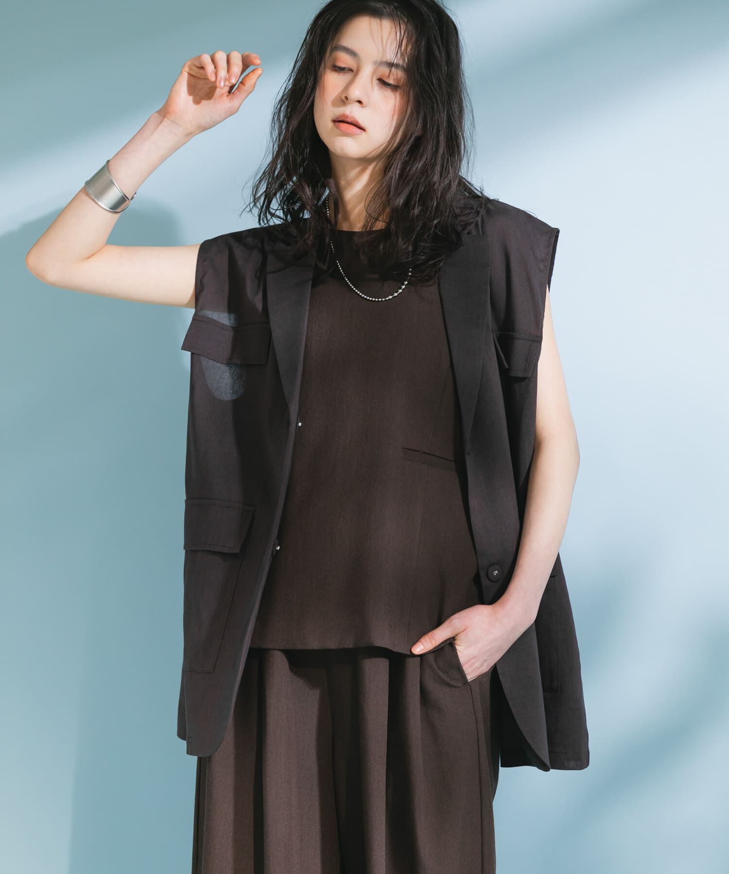  「ミリタリーシアーベスト」|ノーカラーコート|