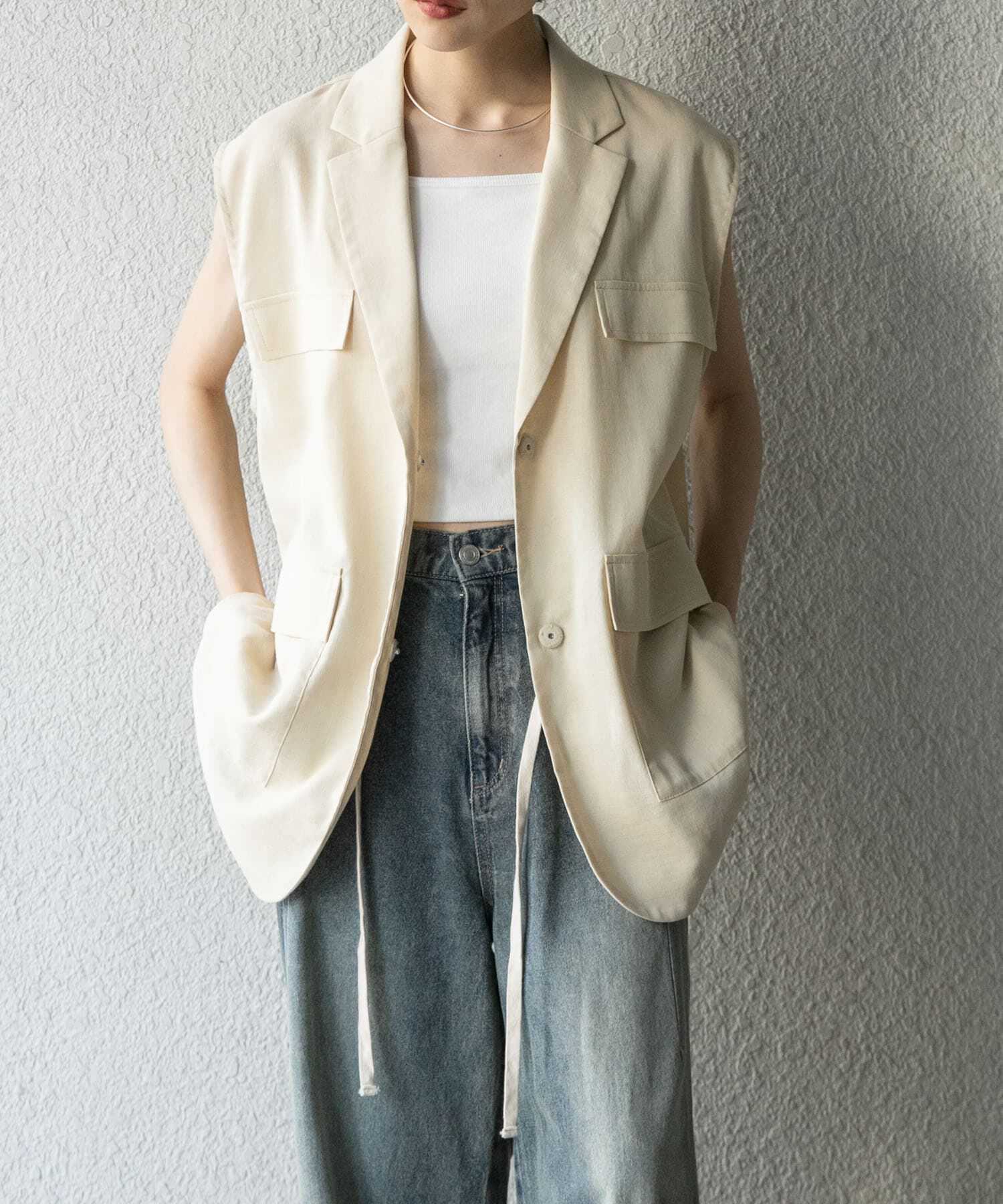  「ミリタリーシアーベスト」|ノーカラーコート|ライトベージュ