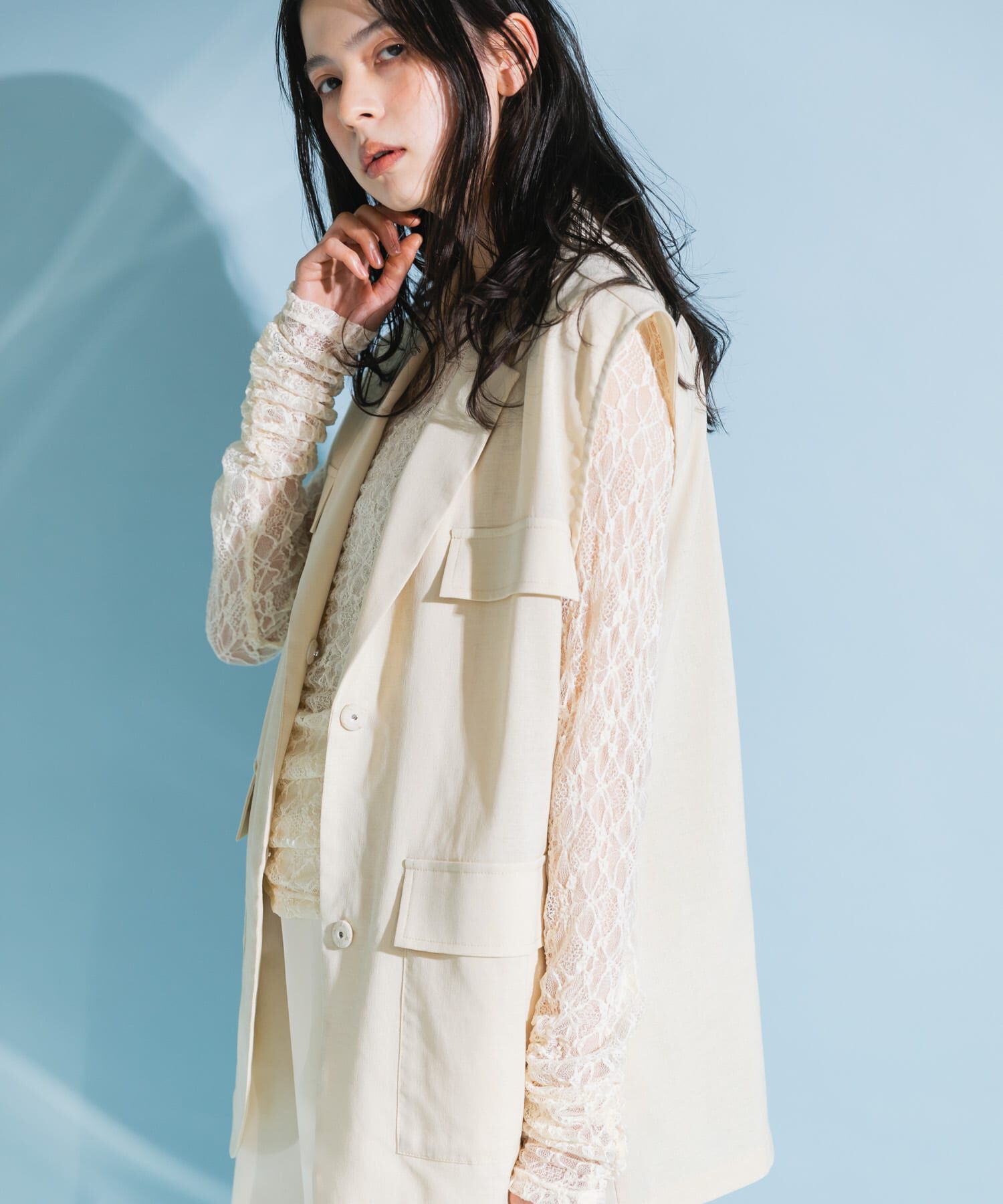  「ミリタリーシアーベスト」|ノーカラーコート|