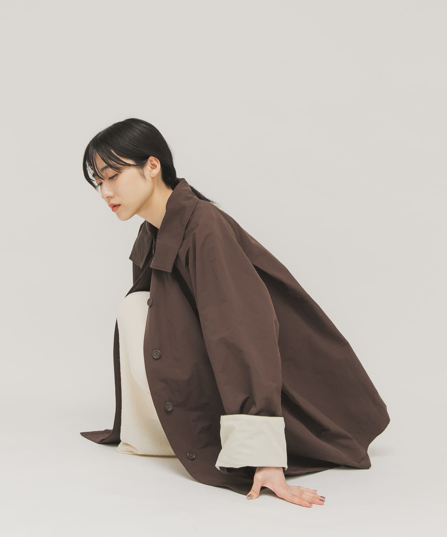  「テントラインBIGミドルコート」|ノーカラーコート|ブラウン