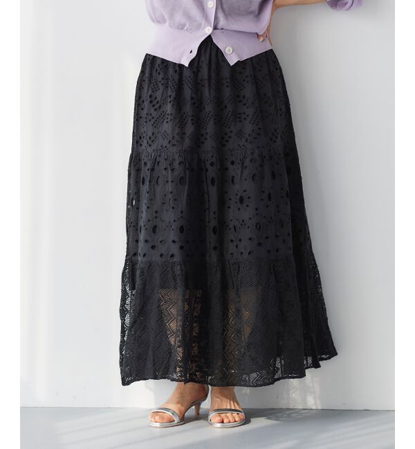 le.coeur blanc「《手洗い可能》Fanaka ミックスレーススカート」|スカート|ブラック
