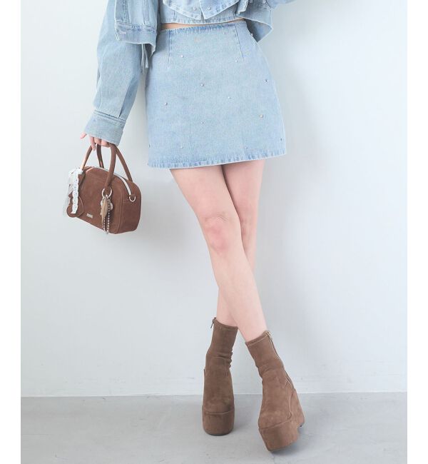  「ビジュー付き台形ミニスカパン」|台形|サックス