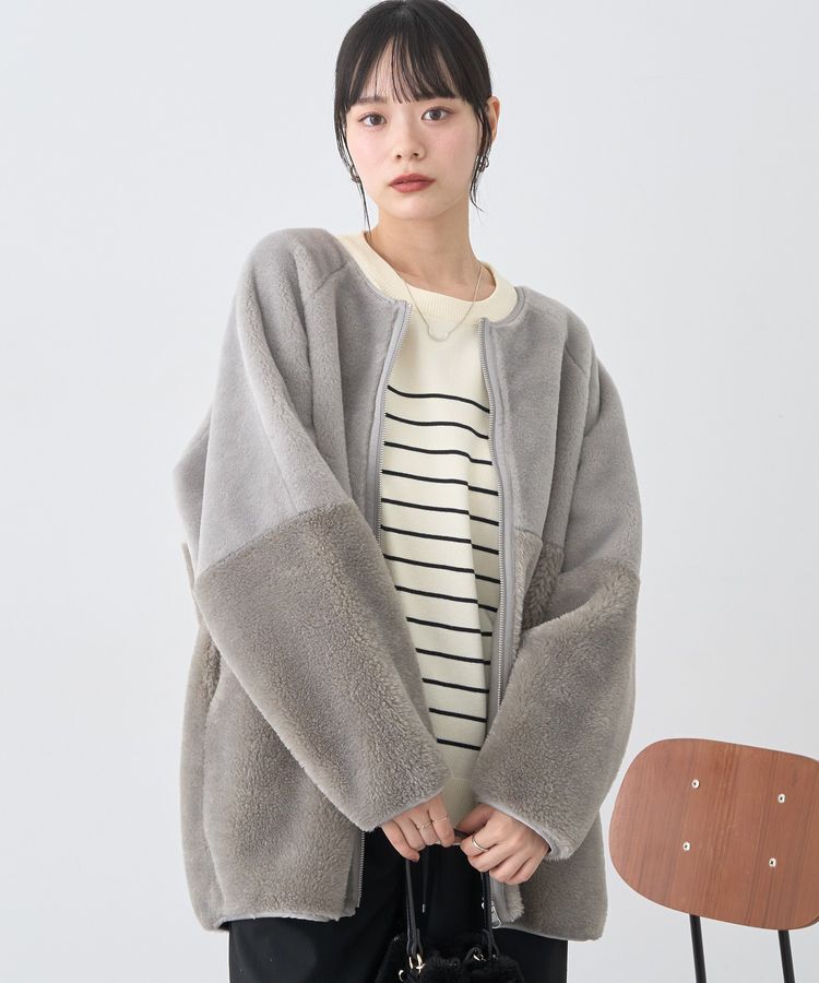 earth music&ecology「ノーカラーフェイクムートンコート」|ノーカラーコート|Khaki