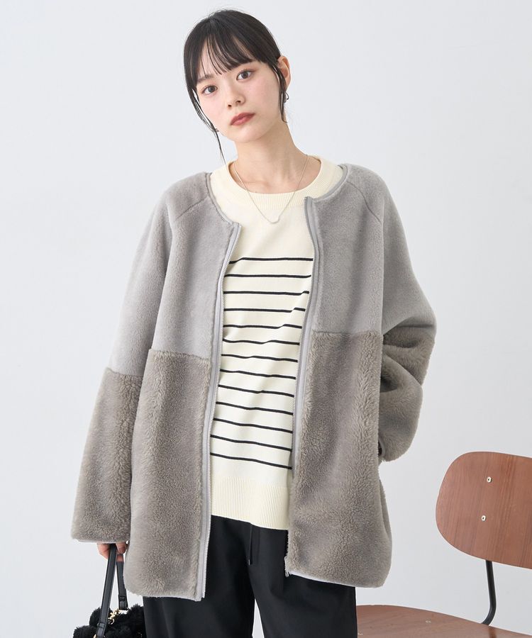 earth music&ecology「ノーカラーフェイクムートンコート」|ノーカラーコート|