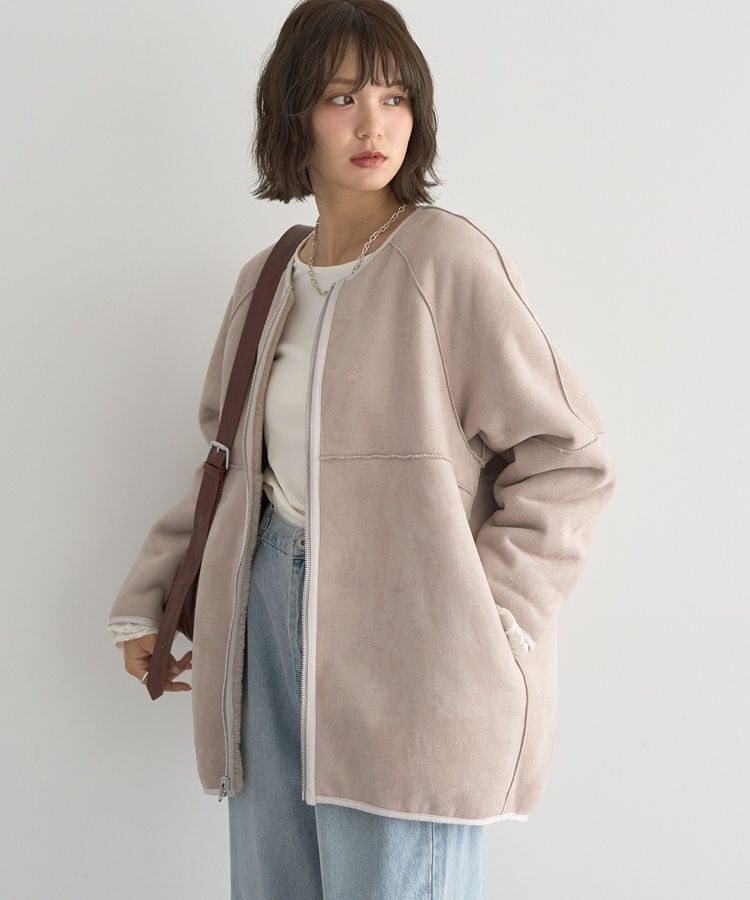 earth music&ecology「ノーカラーフェイクムートンコート」|ノーカラーコート|