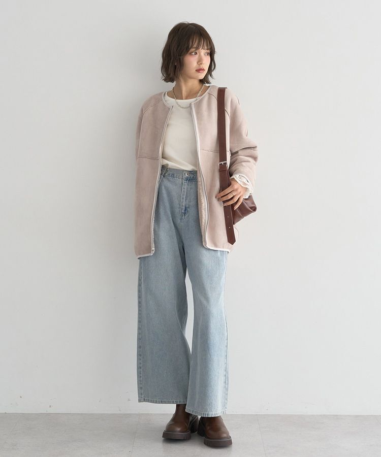 earth music&ecology「ノーカラーフェイクムートンコート」|ノーカラーコート|