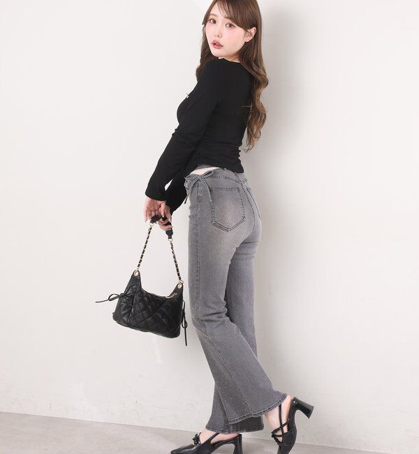  「【選べる4サイズ】サイドカットレース美脚ビジューデニム」|その他|