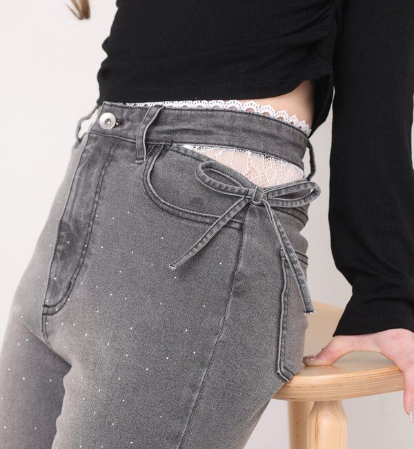  「【選べる4サイズ】サイドカットレース美脚ビジューデニム」|その他|