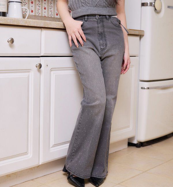  「【選べる4サイズ】サイドカットレース美脚ビジューデニム」|その他|