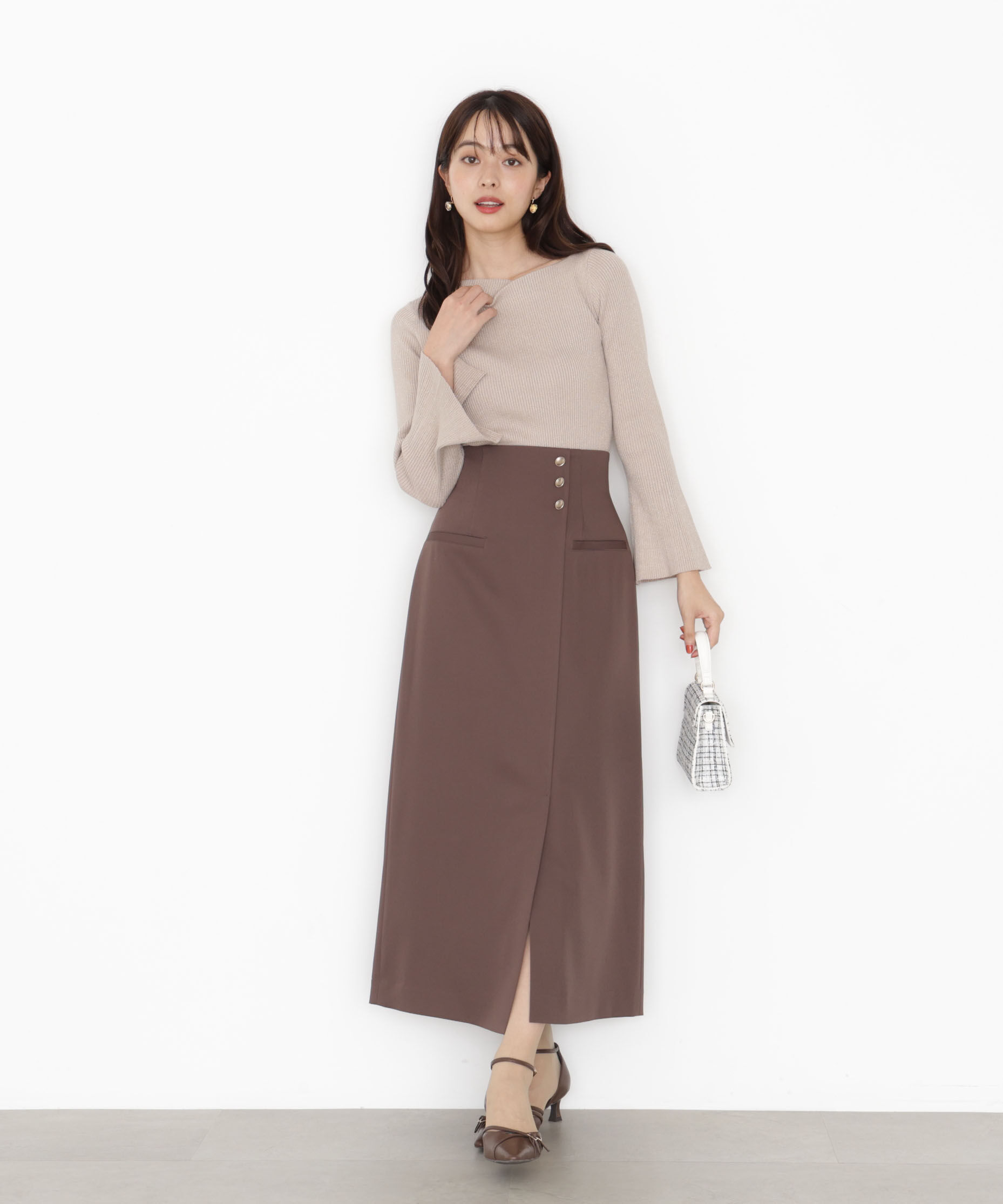 PROPORTION BODY DRESSING「アシメ釦ナロースカート 25AW」|スカート|ブラウン