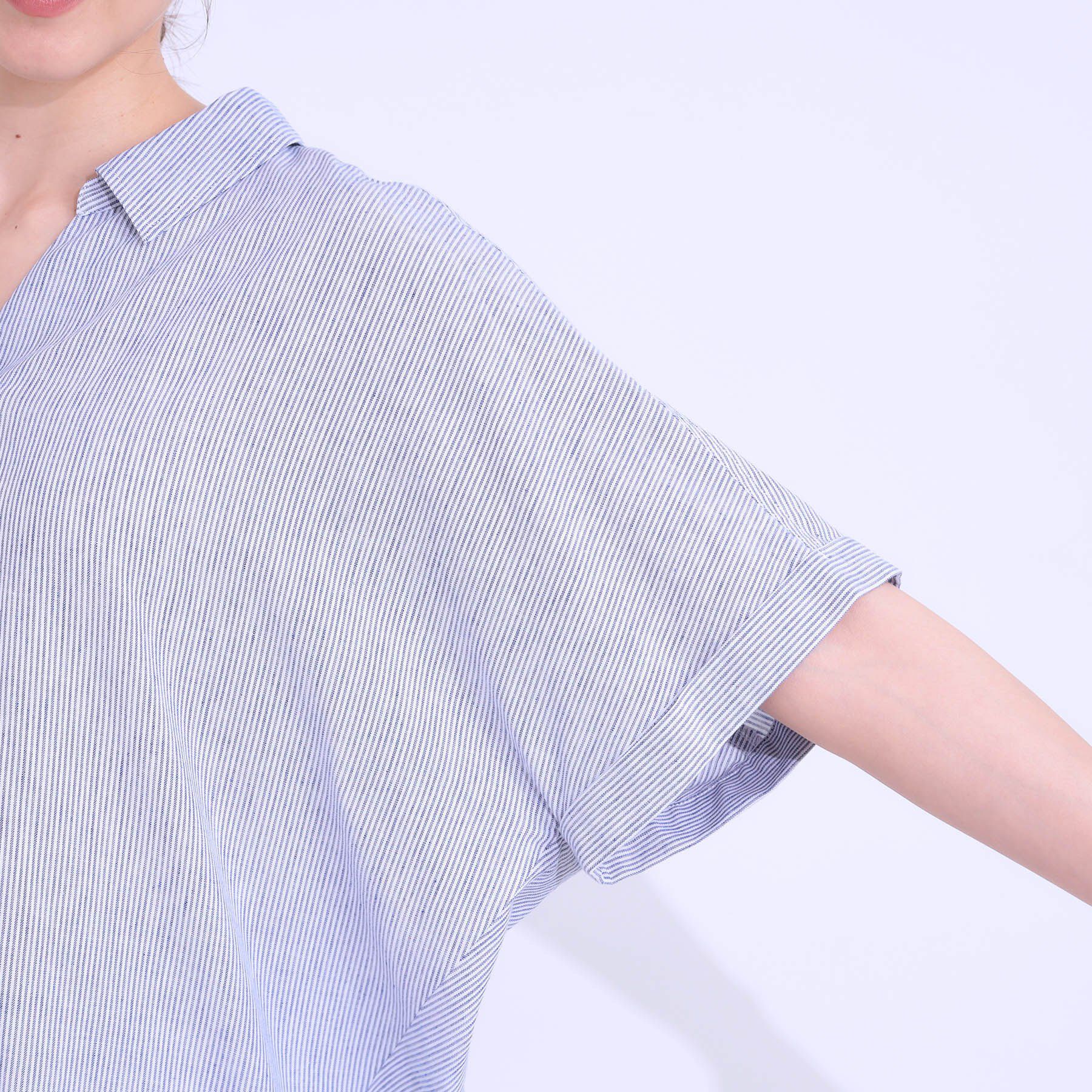 SHOO･LA･RUE「【S-LL/UV/接触冷感/抗菌防臭】体型を自然にカバー フレンチリネンブレンド襟付ドルマンシャツ」|シャツ・ブラウス|