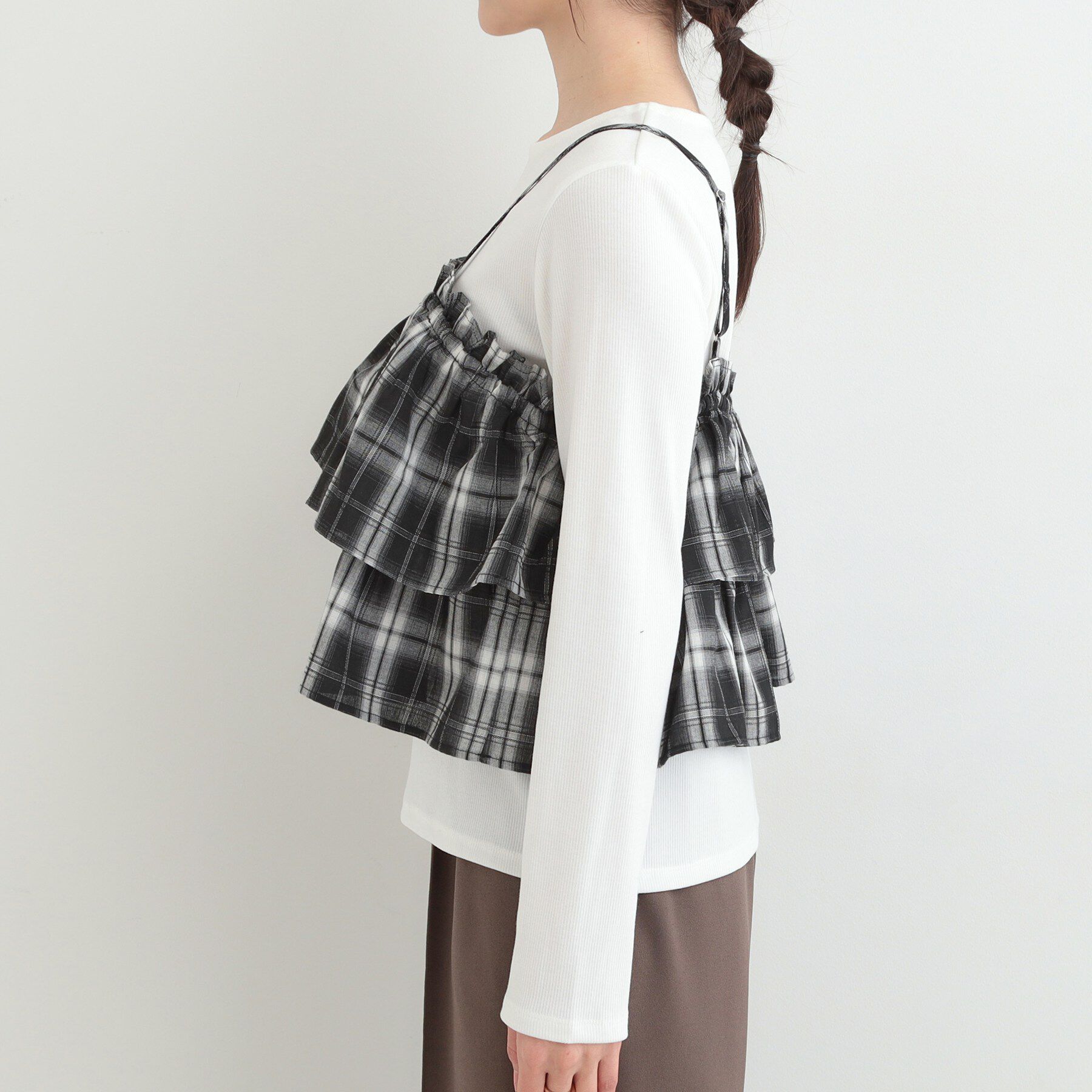 SHOO･LA･RUE「【2点セット】チェック柄フリルキャミビスチェ&times;テレコロンT」|Tシャツ・カットソー|