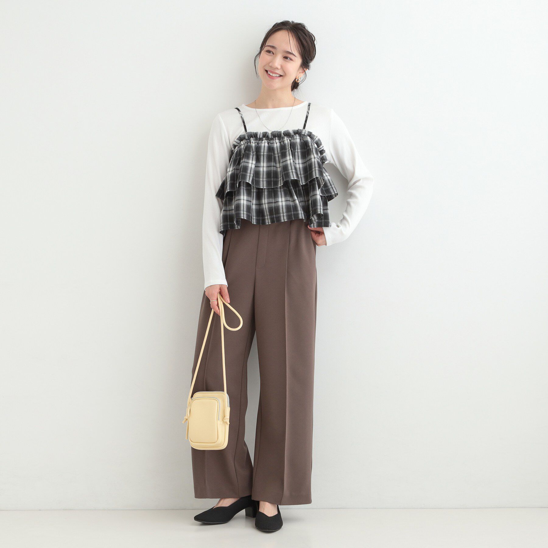 SHOO･LA･RUE「【2点セット】チェック柄フリルキャミビスチェ&times;テレコロンT」|Tシャツ・カットソー|