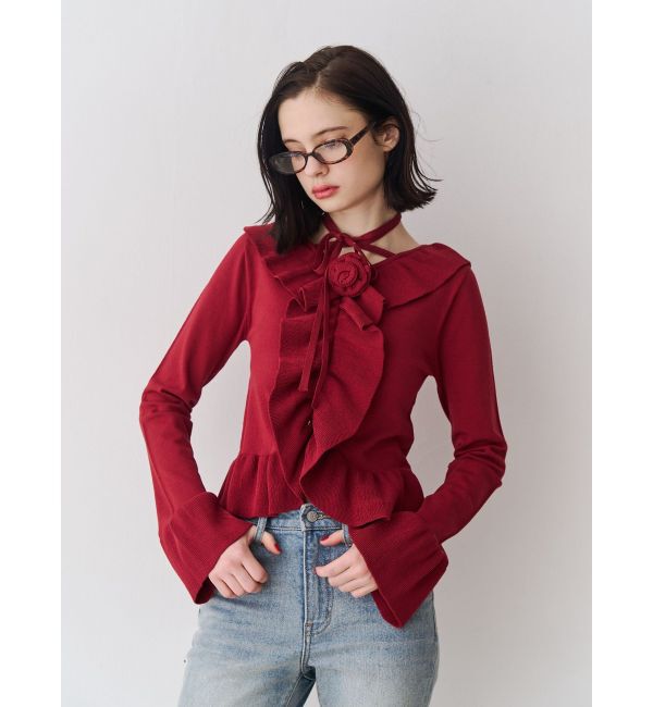 jouetie「ラッフルフリルコサージュニット」|ニット・セーター|ボルドー