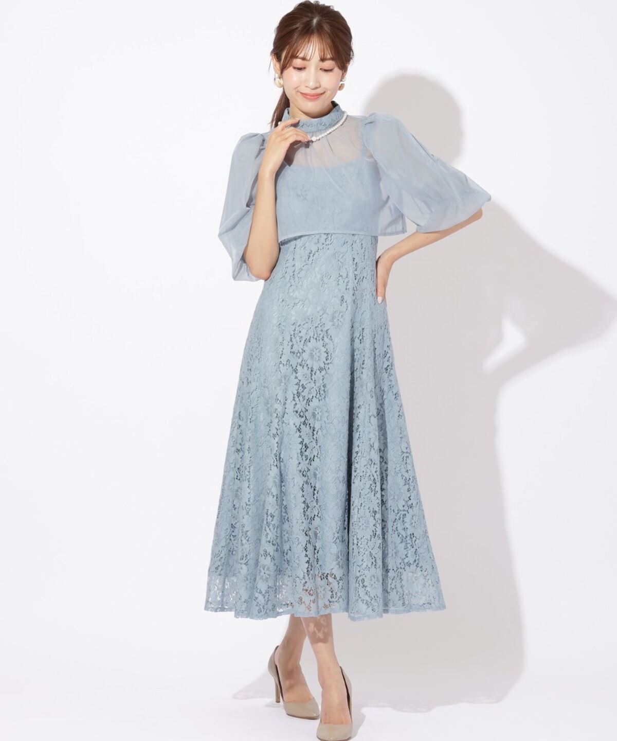 アンドクチュール「チュールブラウスレイヤーレースドレス」|ドレス|ブルー