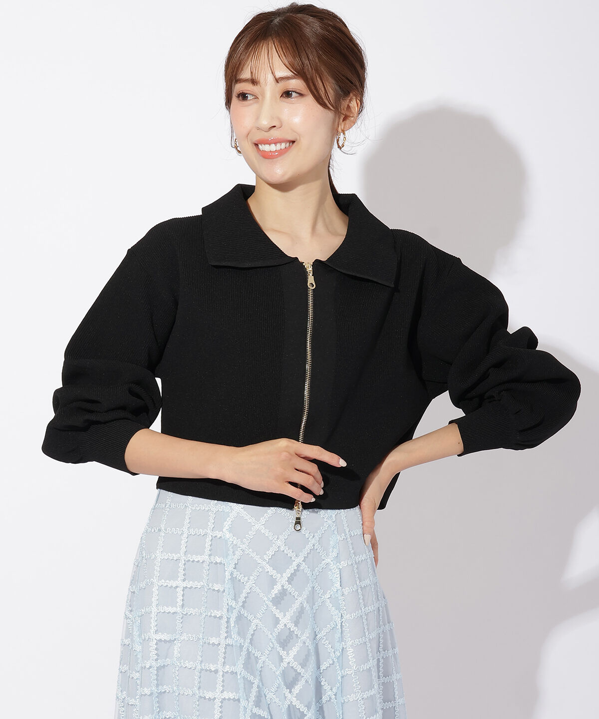 アンドクチュール「ダブルジップ片畦ニットブルゾン」|カーディガン|ブラック