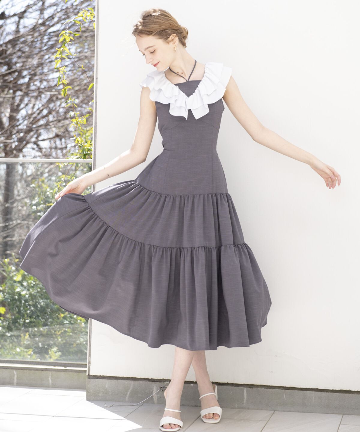 アンドクチュール「配色フリル襟ティアードワンピース」|ワンピース|