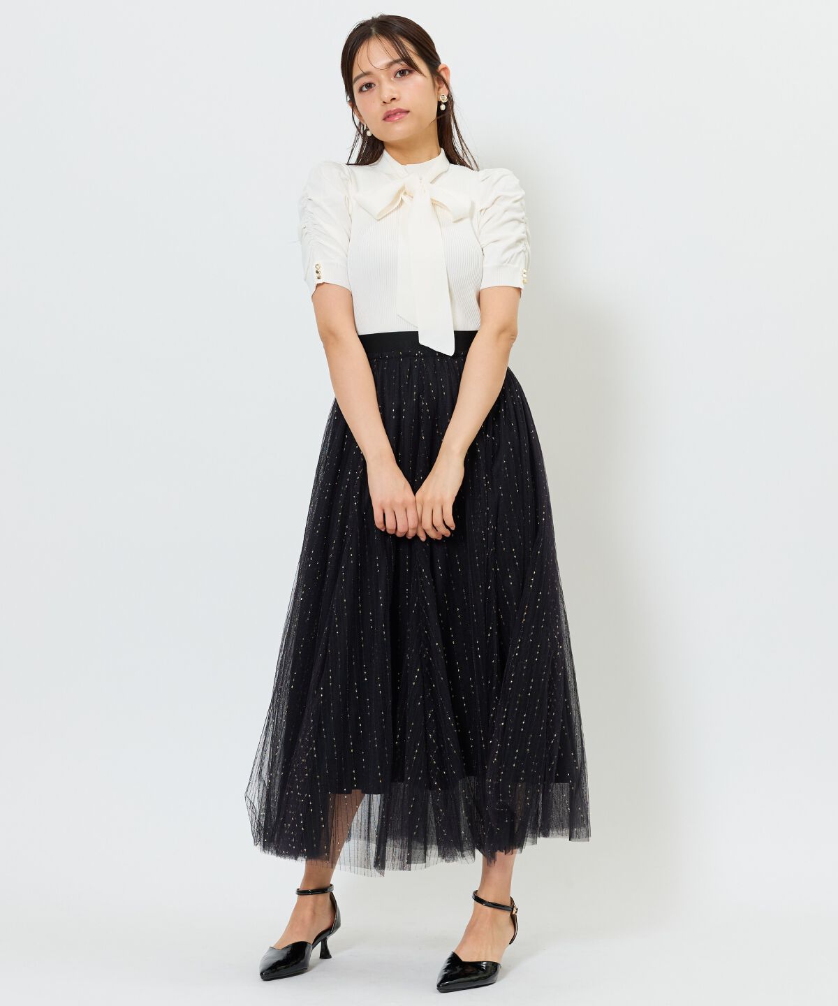 アンドクチュール「袖ギャザーボウタイ付き半袖ニットプルオーバー」|ニット・セーター|